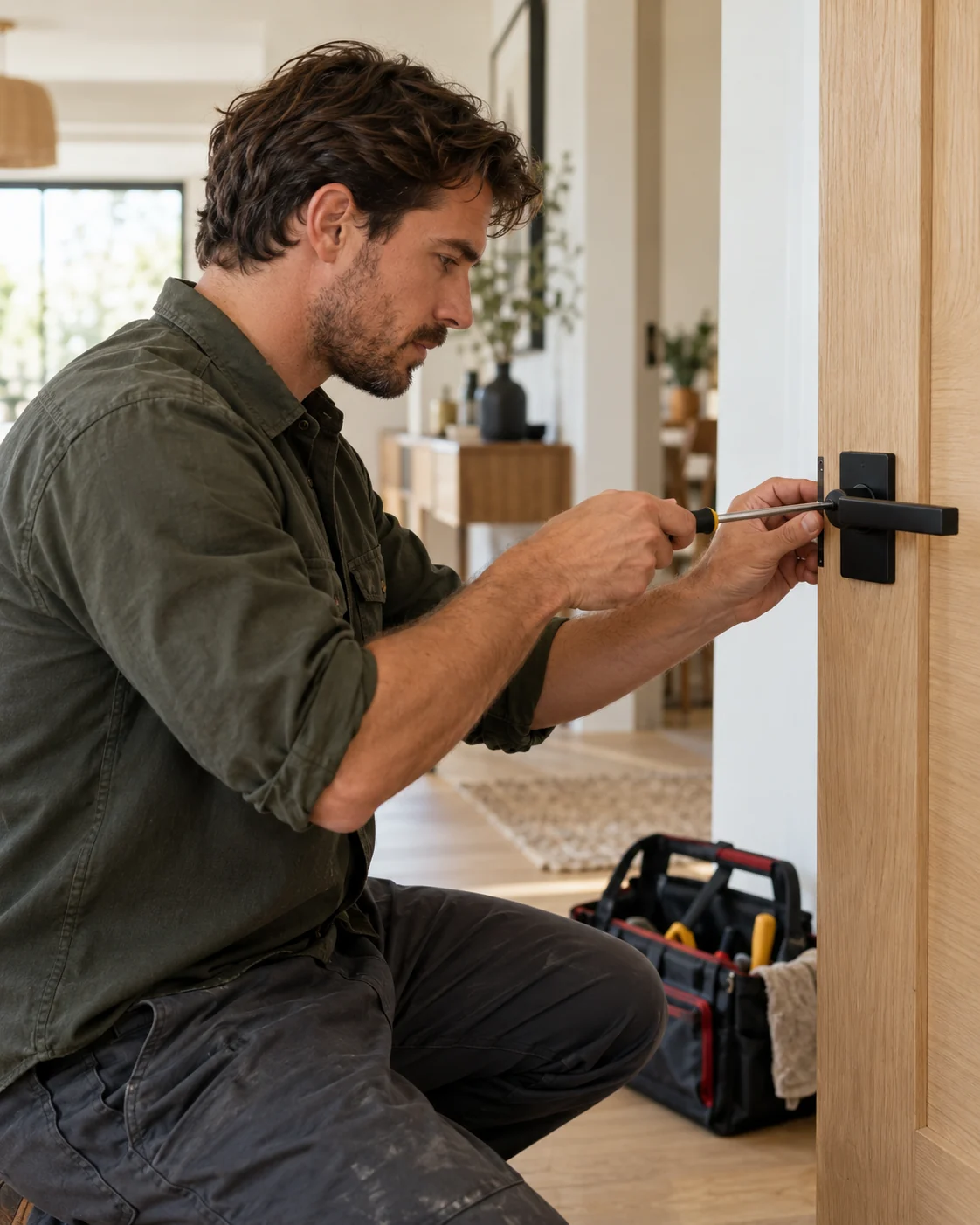 A home maintenance technician carefully adjusting a door handle