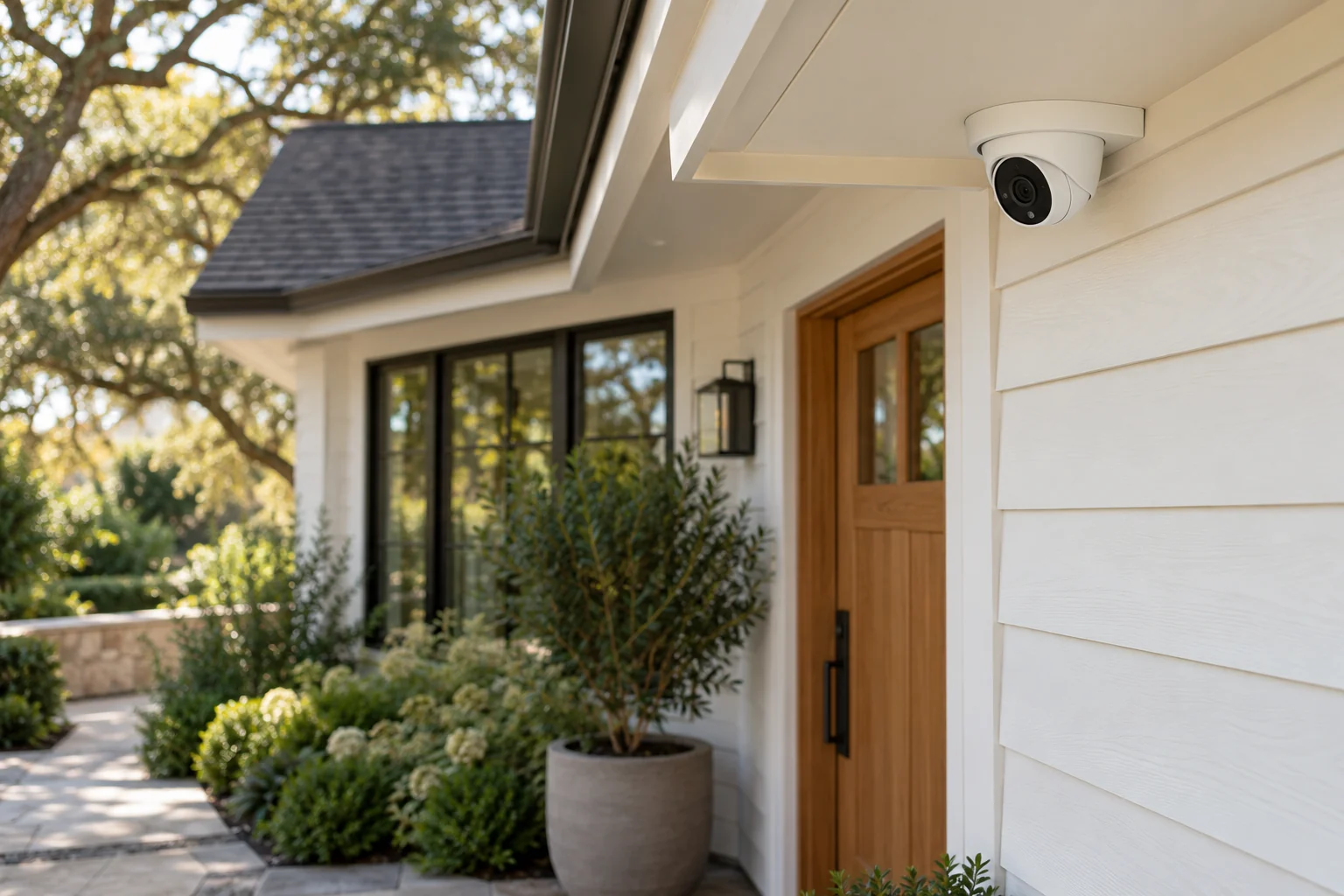 A discreet security camera installed under the eave of a residential home